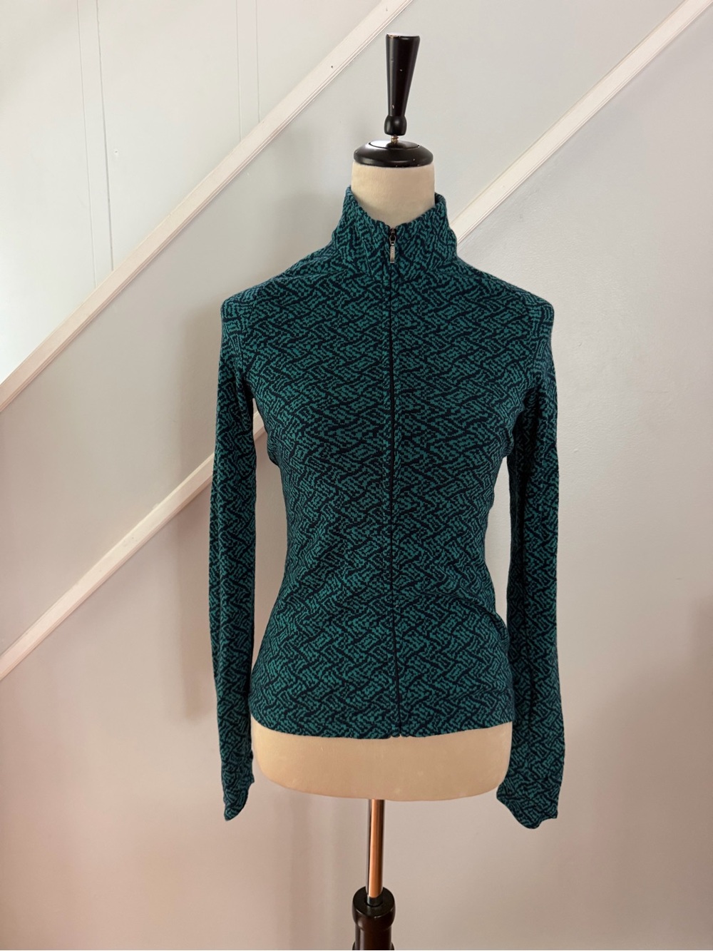 Ibex Merino Wool Full Zip Jacket XS Blue Black Geometric USA Made Base Layer